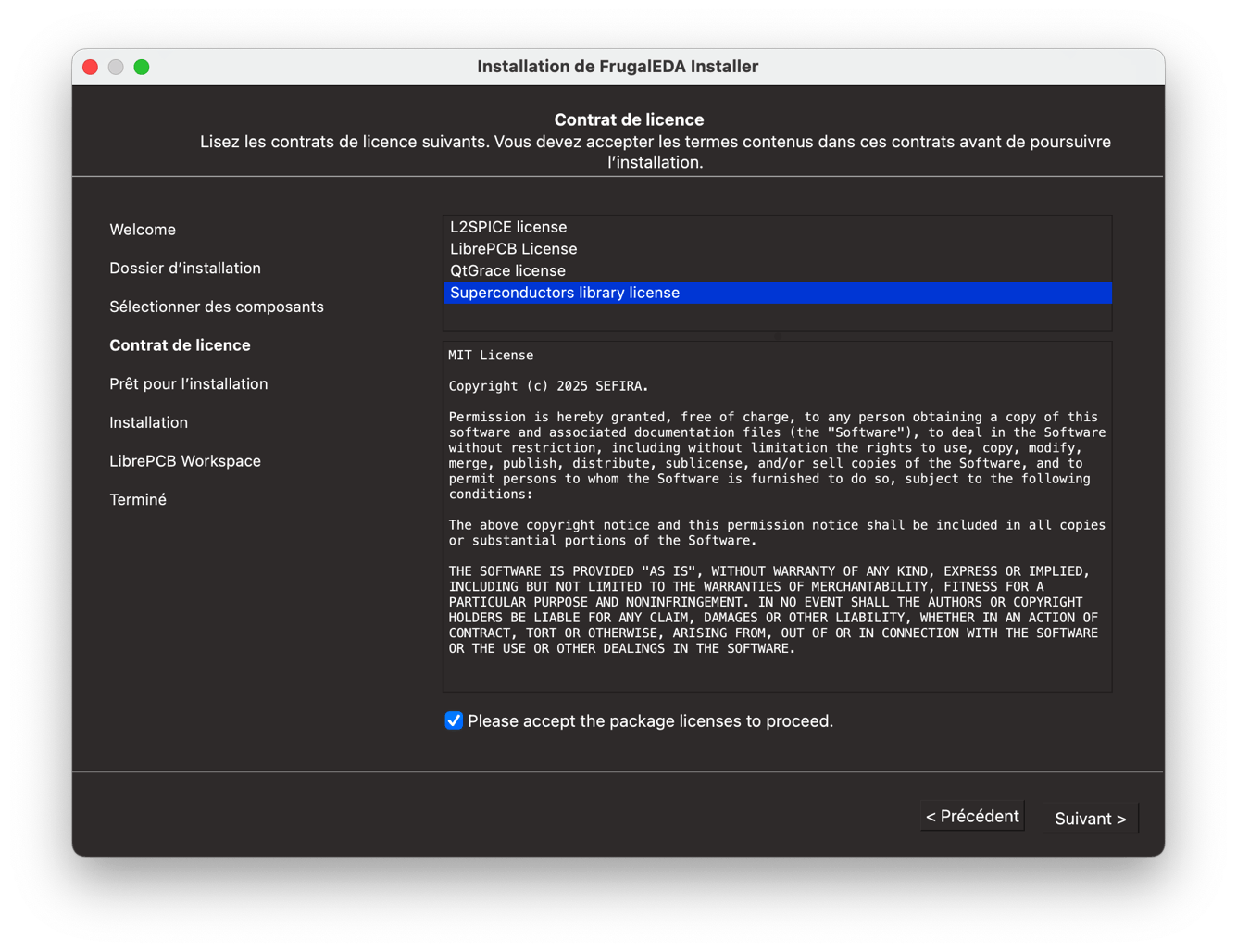 Accept licenses components menu