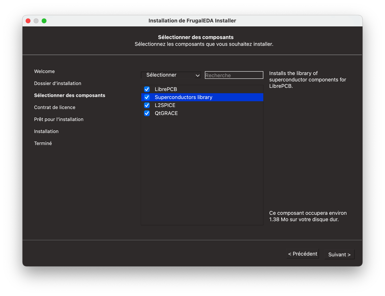 Choose components menu