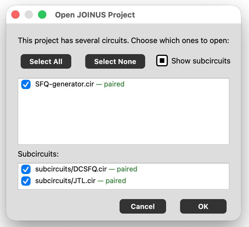 Open JOINUS Project — choose which circuits to open