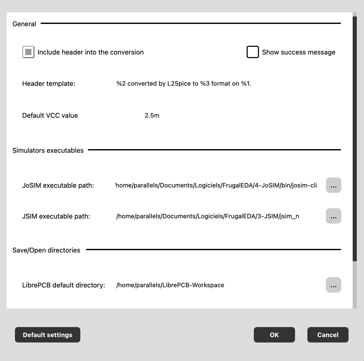 L2SPICE Settings dialog