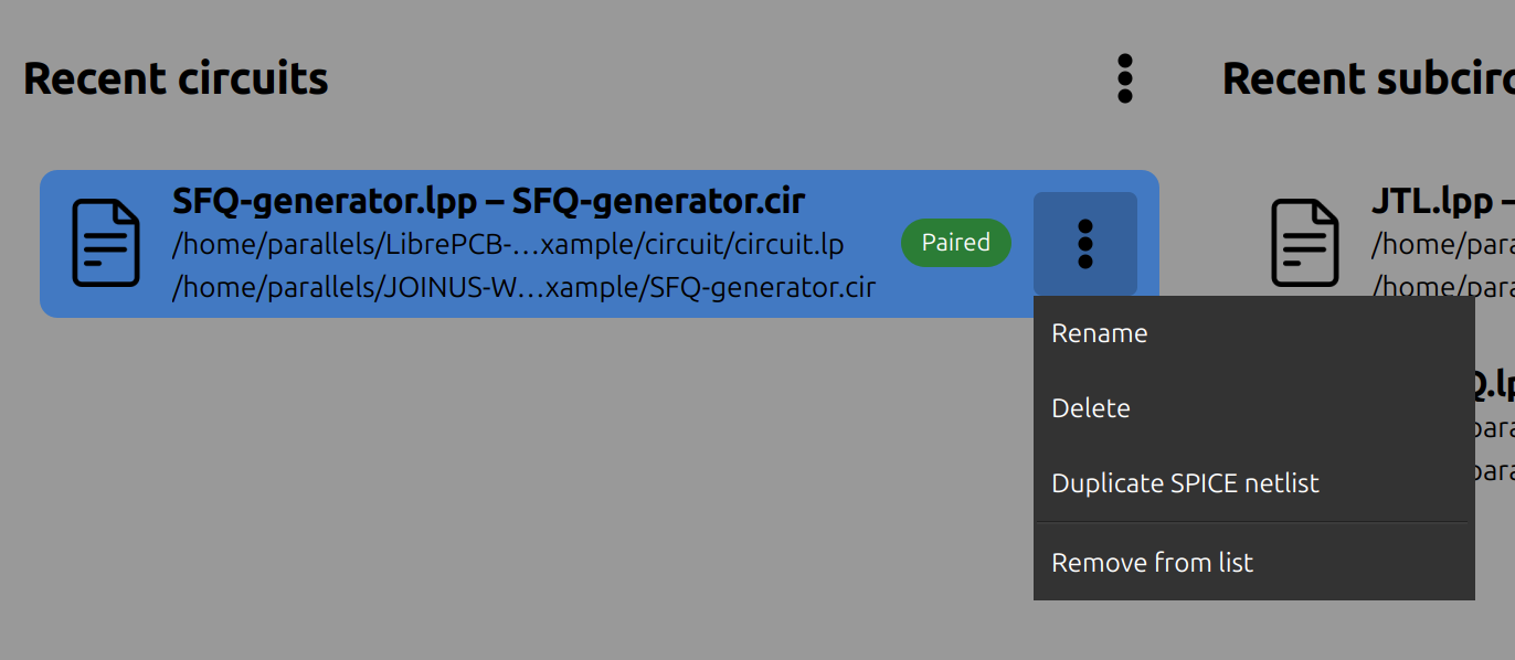 ⋮ menu on a JOINUS project: Rename, Duplicate, Delete, Refresh list