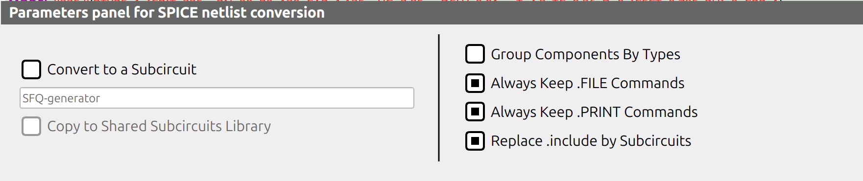 Conversion parameters panel
