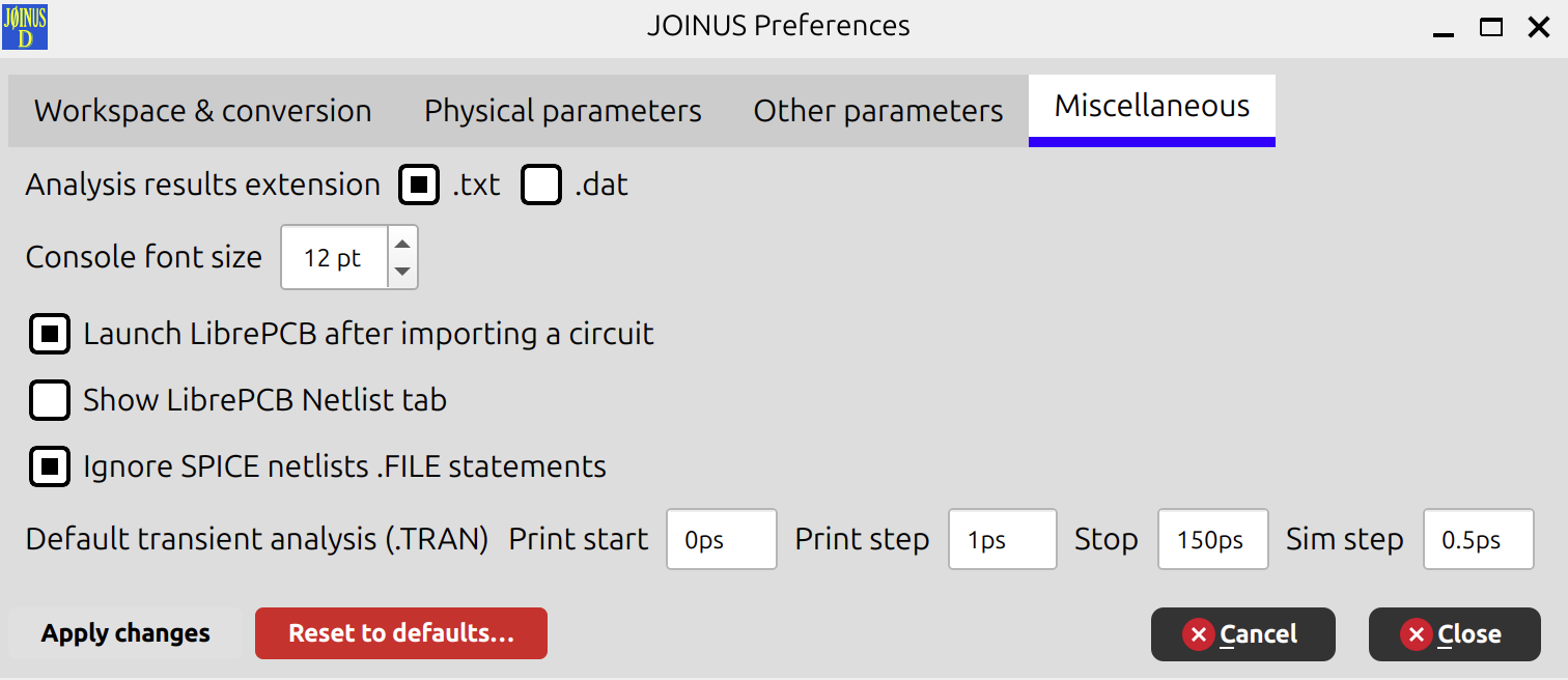 Preferences — Miscellaneous tab]