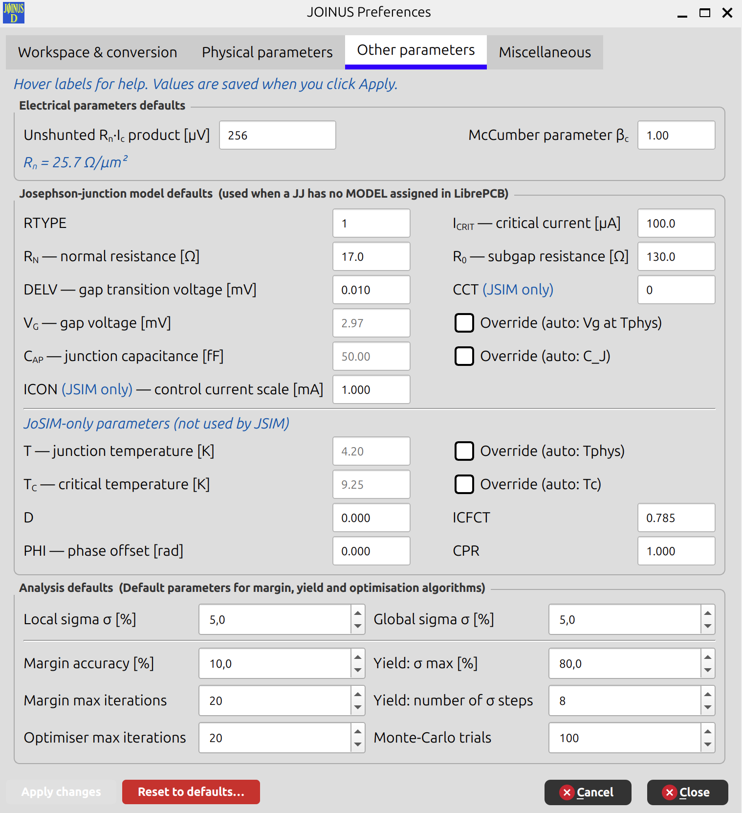 Preferences — Other parameters tab]