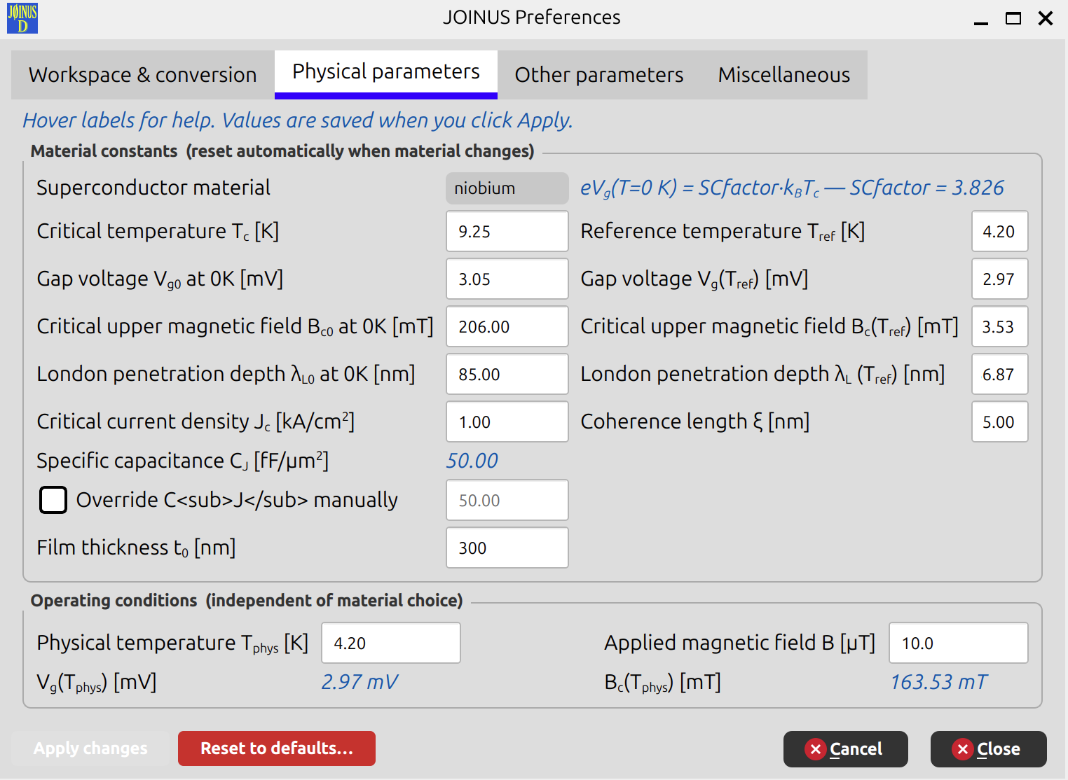 Preferences — Physical parameters tab]